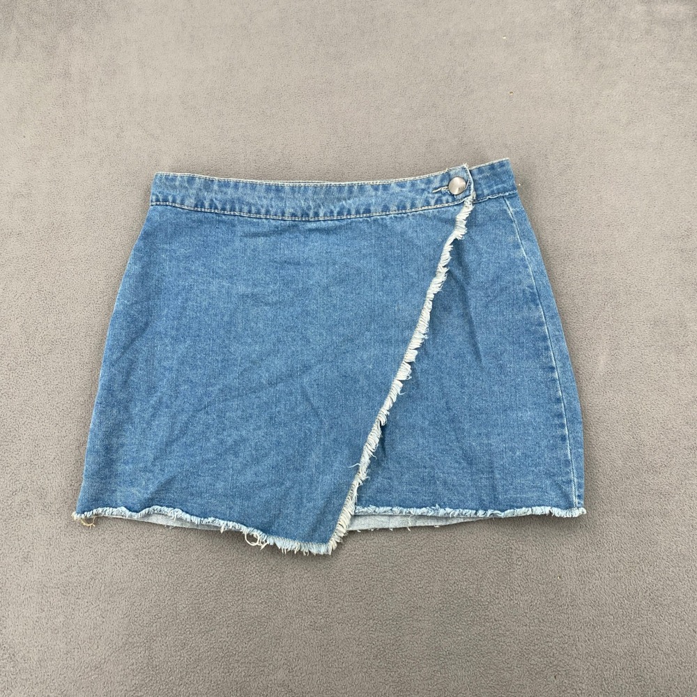 Cotton On The Denim Wrap Skirt Medium Wash Frayed Raw Hem Mini Skirt Size 8